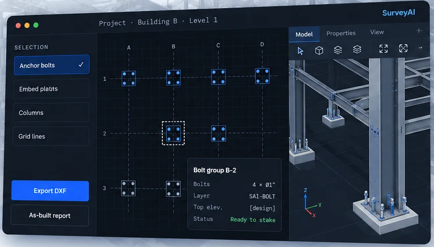 SurveyAI conceptual model selection and DXF export interface